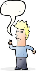 cartoon man giving peace sign with speech bubble - 775975753