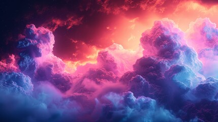 An abstract 3D render of a neon cloud with geometric shapes, against a backdrop of cosmic black