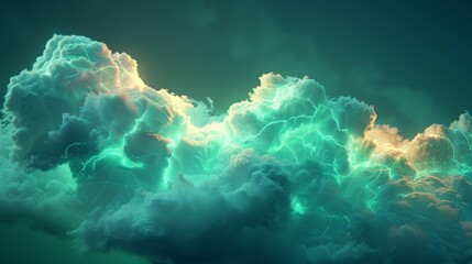 An artistic 3D render of a neon-lit cloud with geometric designs, against a backdrop of vibrant green