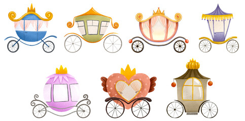 Set of cute  hand drawn cartoon carriage for the princess. Transport for the Queen. Cute childish hand drawn illustration on isolated background