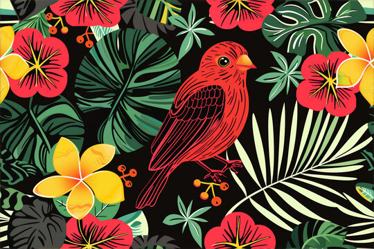 Tropical bird and floral pattern on black