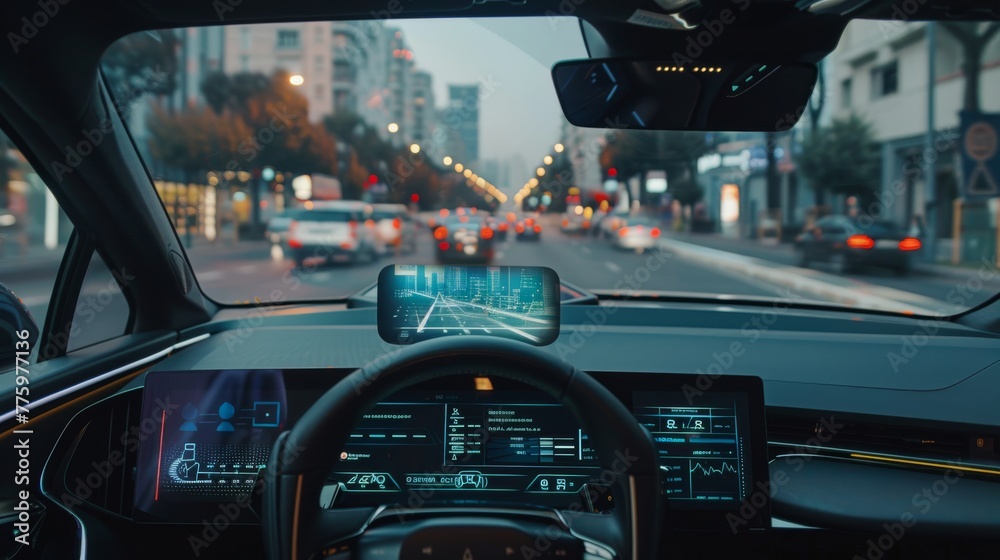 Poster driving an autonomous self-driving vehicle through the streets of a city. fpv first person view show