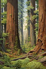 A painting of redwoods in the forest with the tree