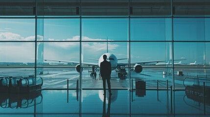 Man tourist passager getting in to airplane at airport, walking from the terminal to the plane