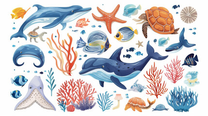 An artistic illustration featuring a diverse array of marine life including dolphins, fish, and coral.