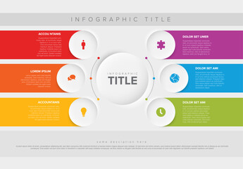 Multipurpose Infographic template with six elements around big button and color stripes - 775977341