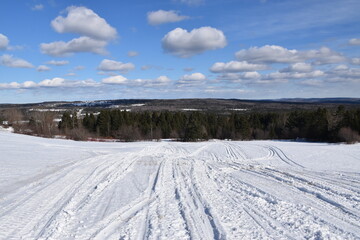 Snowmobile tracks in a field, Sainte-Apolline, Québec, Canada