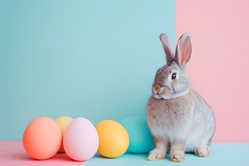 A cute rabbit guards colorful eggs