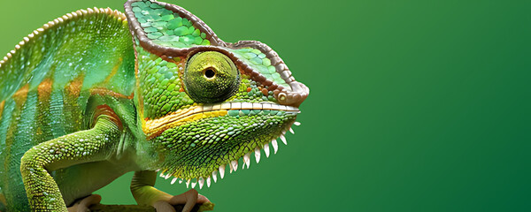 Green chameleon close-up on a green background, high resolution, nature, ecology, 3d rendering, environment, stylish wallpaper, highly detailed, rich colours, camouflage, disguise, amazing nature