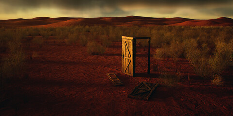 Dilapidated wooden door and frame in desolate desert with cloudy sky. - 775978349
