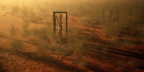 Dilapidated wooden door and frame in misty desolate desert. - 775978354