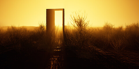 Dilapidated wooden door and frame in desolate desert during sunset. - 775978369
