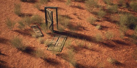 Dilapidated wooden door and frame in desolate desert. - 775978396