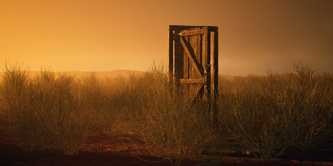 Dilapidated wooden door and frame in desolate desert during sunset. - 775978399