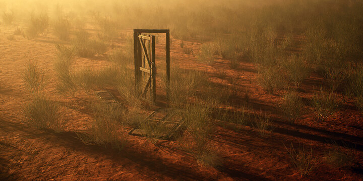 Dilapidated wooden door and frame in misty desolate desert.