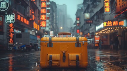 a compact travel organizer, elegantly displayed against a backdrop of city lights and bustling streets, showcasing its organizational prowess, in cinematic 8k high resolution. - obrazy, fototapety, plakaty