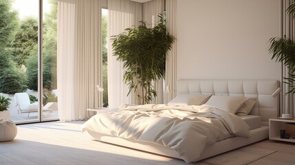 A chic bedroom with a minimalist design, highlighted by white bedding and furnishings, complemented by the presence of elegant plants and flowers, infusing the room with tranquility and sophistication
