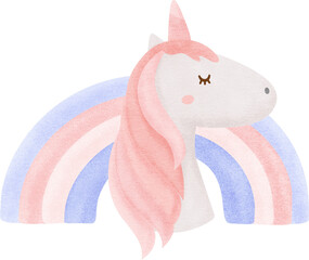 watercolor cute unicorn with rainbow in pastel color , kawaii unicorn set