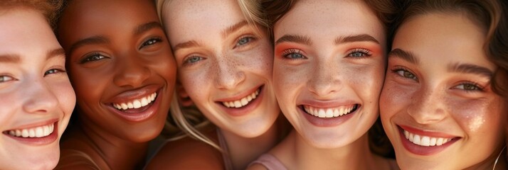 Portrait of young multiracial women standing together and smiling at camera