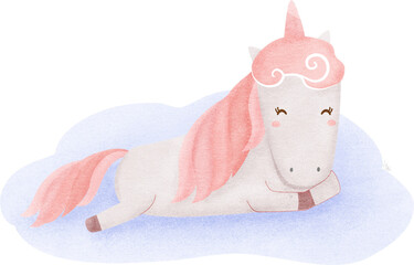 watercolor cute unicorn lying on the cloud in pastel color, kawaii unicorn set