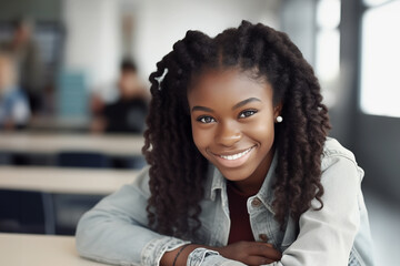 black African schoolgirl sitting in a school class with white walls