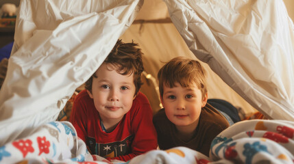 Naklejka premium Two young brothers share a moment of camaraderie inside their makeshift blanket fort, exuding a sense of closeness and fun