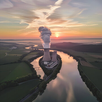 photo of a nuclear power plant in Germany, aerial view at sunset, a river flowing nearby, white plumes of smoke rising from the chimney, high-definition, 32K HD
