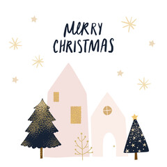 Minimalist cute Christmas card design, tiny house and Christmas tree decorated with stars and golden glitter on white background