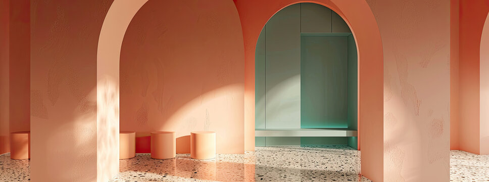 Peach and teal colored interior design, terrazzo flooring in the archway in the style of modern art