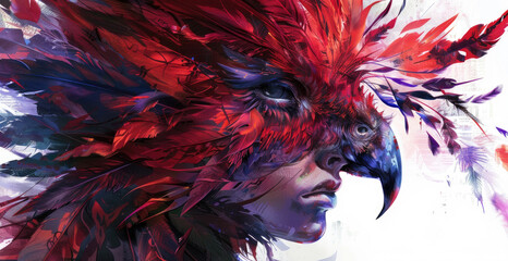 A vibrant fusion of a womans face with the feathers and beak of a parrot in a digital painting - obrazy, fototapety, plakaty