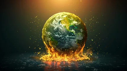 Fotobehang A dramatic conceptual image of planet Earth engulfed in bright, fiery flames, representing the critical issue of global warming. © khonkangrua