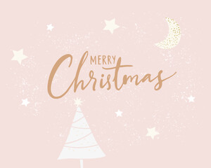 Pastel pink minimalist handwritten Christmas card, decorated with moon crescent and stars, golden foil and sparks - 775980366