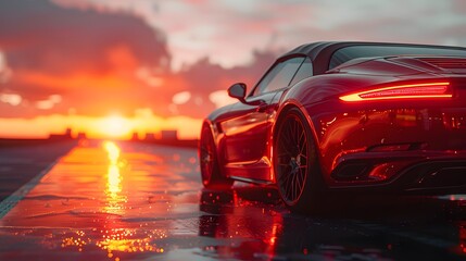 a convertible sports car speeding along an open highway, the sun setting in a blaze of color behind it as it races towards the horizon, in stunning 8k full ultra HD.
