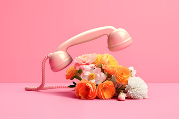 Vintage phone handset and fresh flowers on pastel pink background. Minimal concept of romance, communication, love conversation, wedding or Valentine. Invitation or greeting card.