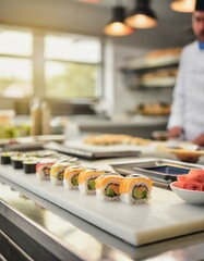 An array of sushi and rolls masterfully arranged on a polished counter, with chef’s tools neatly aligned, showcasing the art and precision of sushi making, set in a professional kitchen