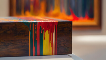 a painting of a wooden box with a multicolored paint drips on it's side and a white table underneath