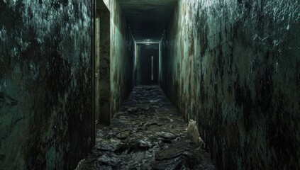 A dark corridor in an abandoned building. Cluttered corridor in ruins. Abandoned building. Horror. Dark room