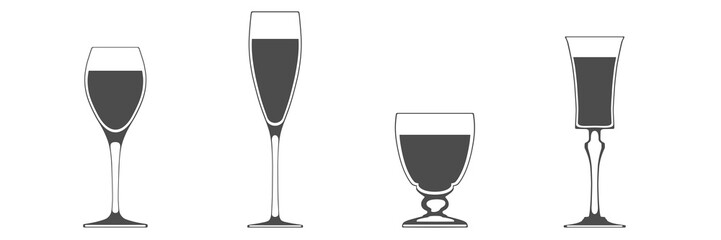 Set of glasses full of wine. Isolated flat icon symbol. Vector illustration.