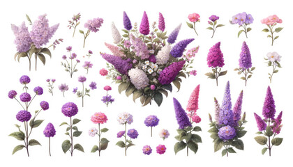 An assortment of purple and pink flowers isolated on a white background, including lilacs and hydrangeas..