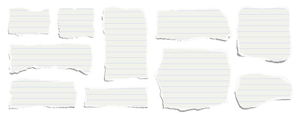 Elongated horizontal set of torn pieces of lined paper isolated on a white background. Paper collage. Vector illustration. - 775980902