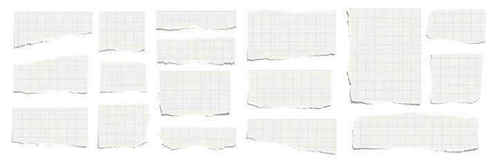 Elongated horizontal set of torn pieces of checkered paper isolated on a white background. Paper collage. Vector illustration.