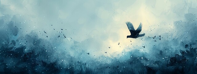 watercolor style painting, A soft spring background, with a dove flying in the distance in a blue sky - obrazy, fototapety, plakaty