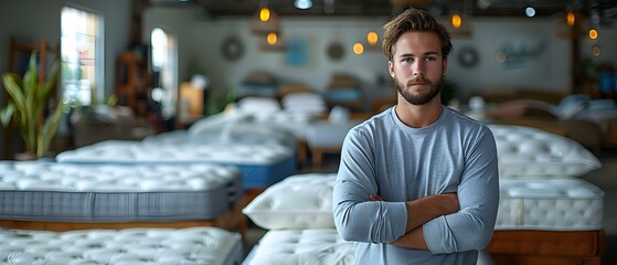 A customer browsing different types of mattresses in a mattress store. Concept Mattress Shopping, Furniture Retail, Consumer Choices, Sleep Solutions, In-Store Experience