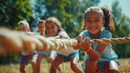 Kids play tug of war in a sunny park. Summer outdoor activity. Mixed race children pull rope during a school sporting event. - obrazy, fototapety, plakaty