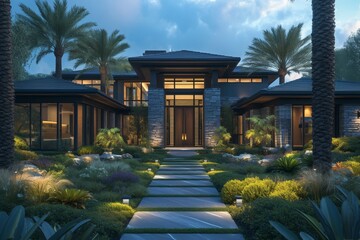 modern home in florida with a long walkway to the front door, lights on at night, palm trees - obrazy, fototapety, plakaty