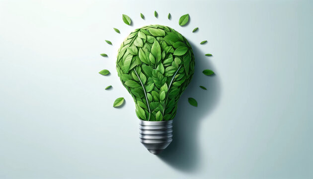 Creative green leaf light bulb concept for eco-friendly energy on a plain white background..