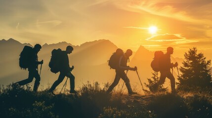 The silhouettes of four young hikers with backpacks are walking in the mountains during sunset - obrazy, fototapety, plakaty