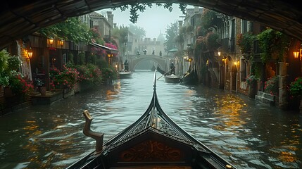 a gondola gliding silently through the narrow canals of Venice, its graceful movements and timeless charm capturing the essence of Italian romance and elegance, in cinematic 8k high resolution.