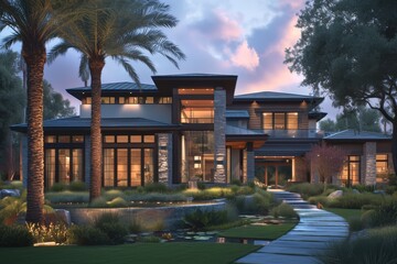 modern home in florida with stone accents and large windows, surrounded by palm trees - obrazy, fototapety, plakaty