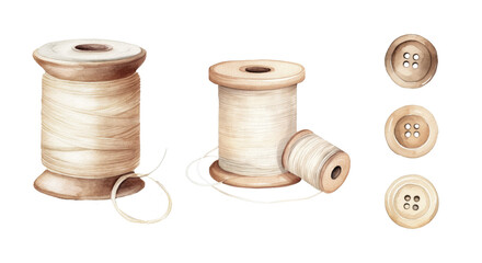 Watercolor spools of thread with a buttons